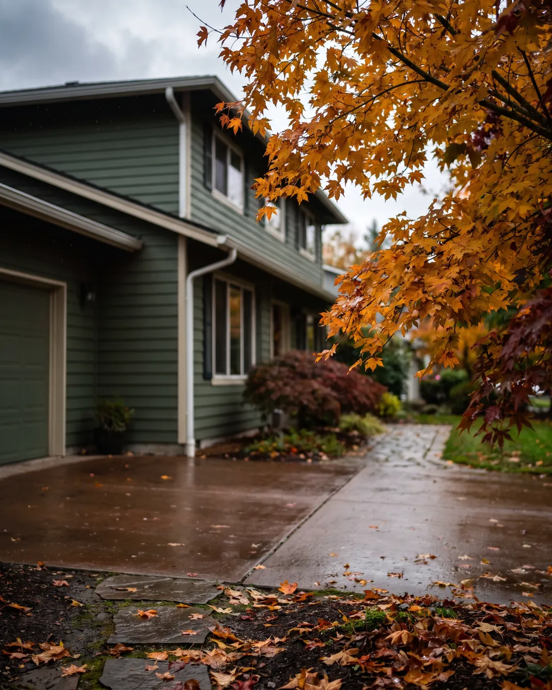 A green two-storey home with a rain-soaked driveway under orange autumn maple leaves